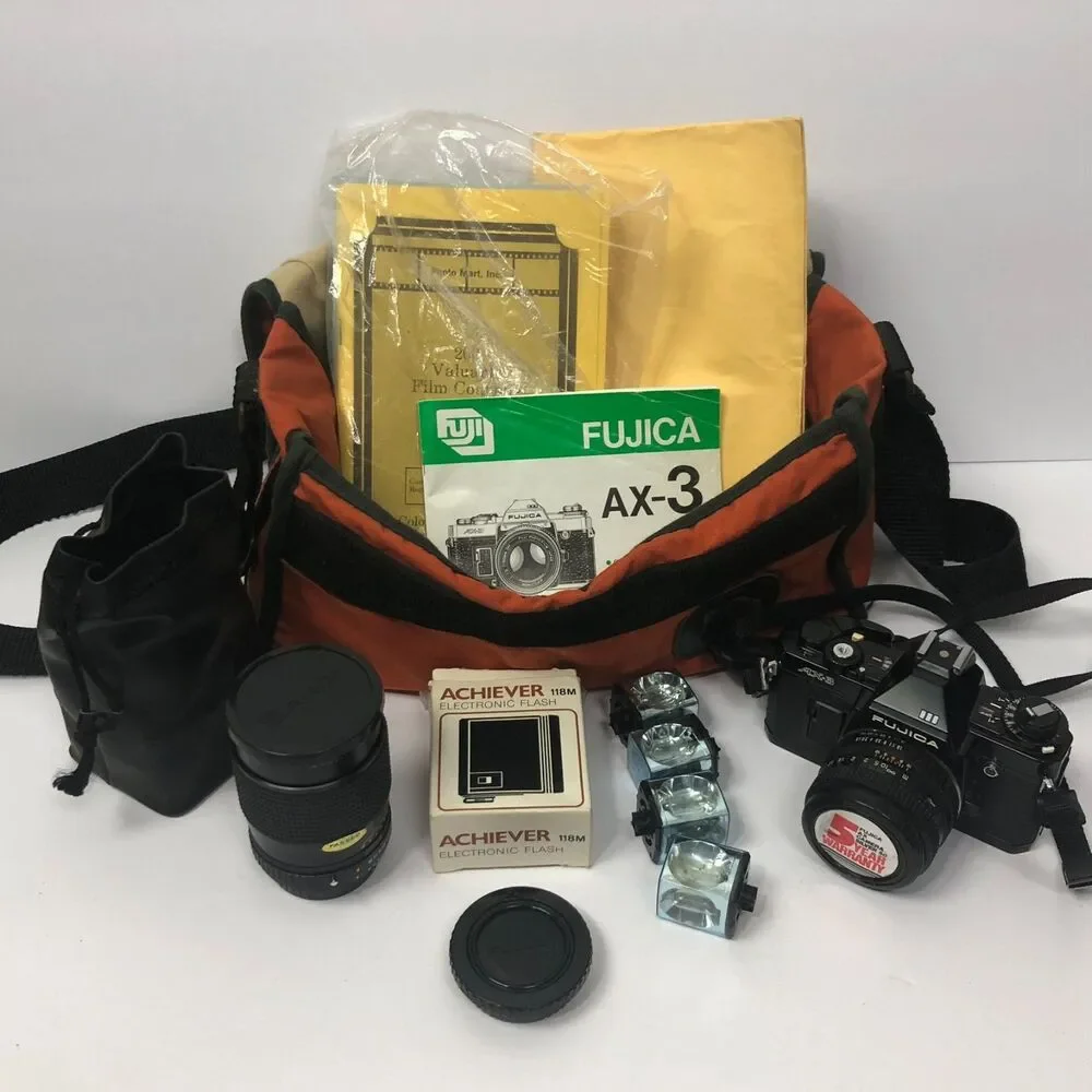VTG Fujica AX-35mm SLR Camera w/ Bag Extra Lense Achiever Electronic Flash Bulbs